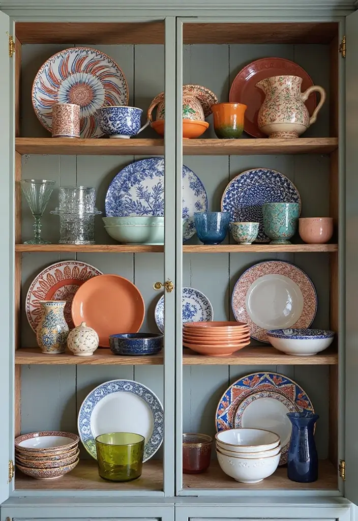 25 Kitchen Glass Cabinet Decor Ideas for Beautiful Displays - 7. Bold Patterns and Textures