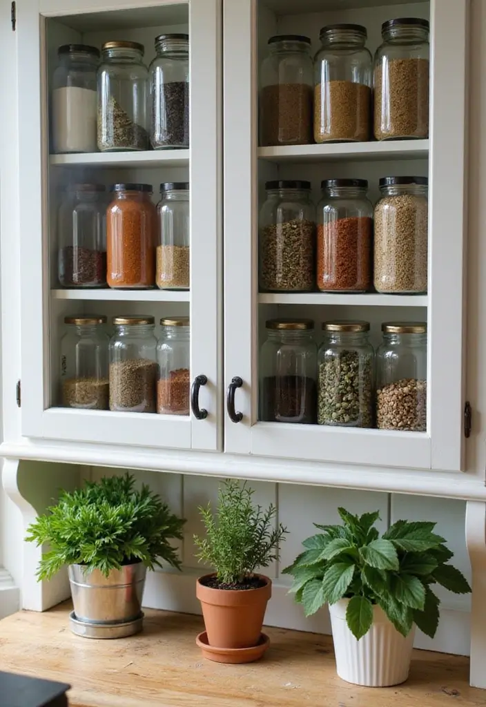 25 Kitchen Glass Cabinet Decor Ideas for Beautiful Displays - 8. Herb and Spice Showcase