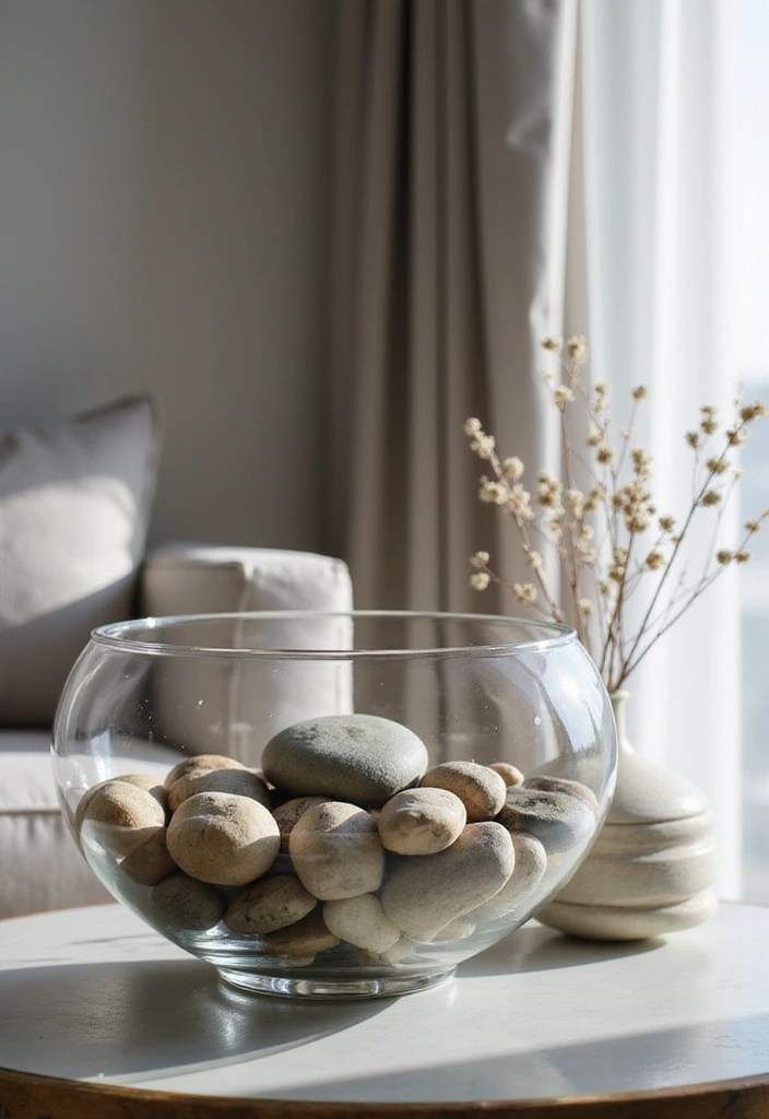 25 Large Glass Bowl Decor Ideas for Tabletop Elegance - 10. Stone and Glass Harmony