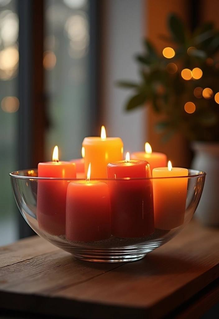25 Large Glass Bowl Decor Ideas for Tabletop Elegance - 2. Scented Candle Display