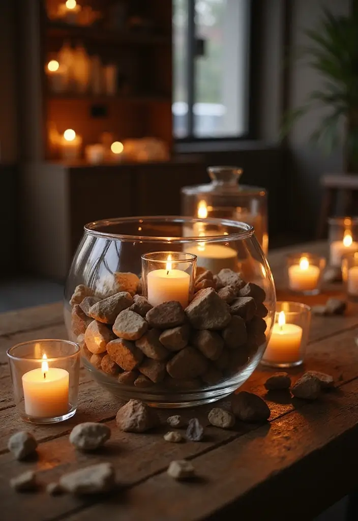 25 Large Glass Bowl Decor Ideas for Tabletop Elegance - 21. Candles and Rocks Combo