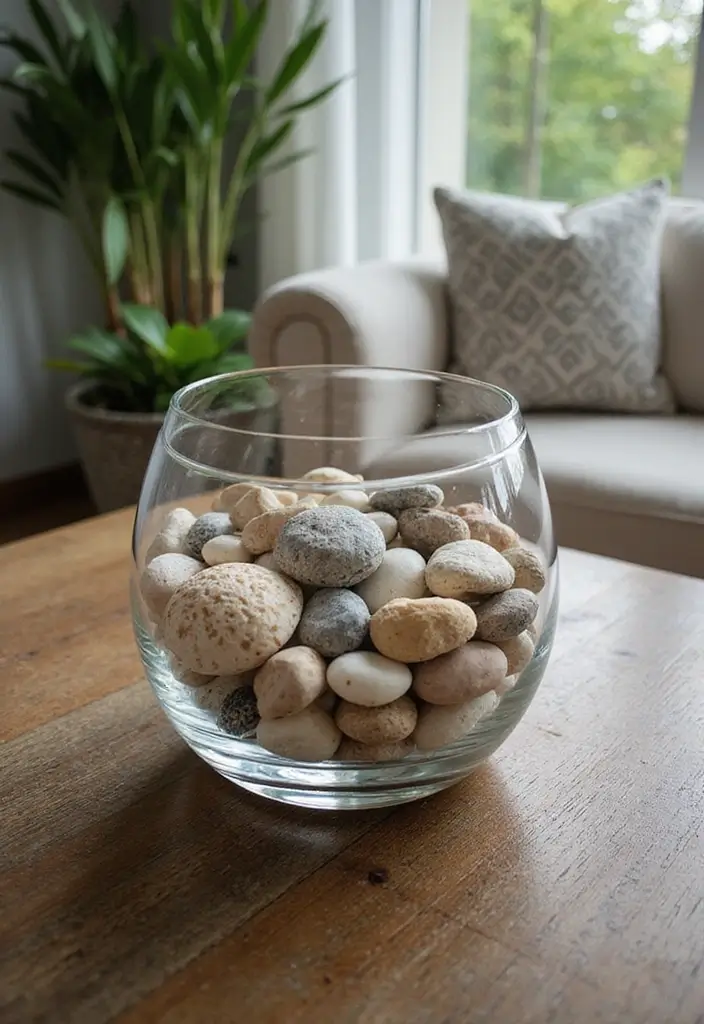 25 Large Glass Bowl Decor Ideas for Tabletop Elegance - 22. Artistic Shell and Stone Fusion
