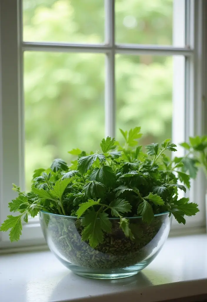 25 Large Glass Bowl Decor Ideas for Tabletop Elegance - 23. Fresh Herb Fountain