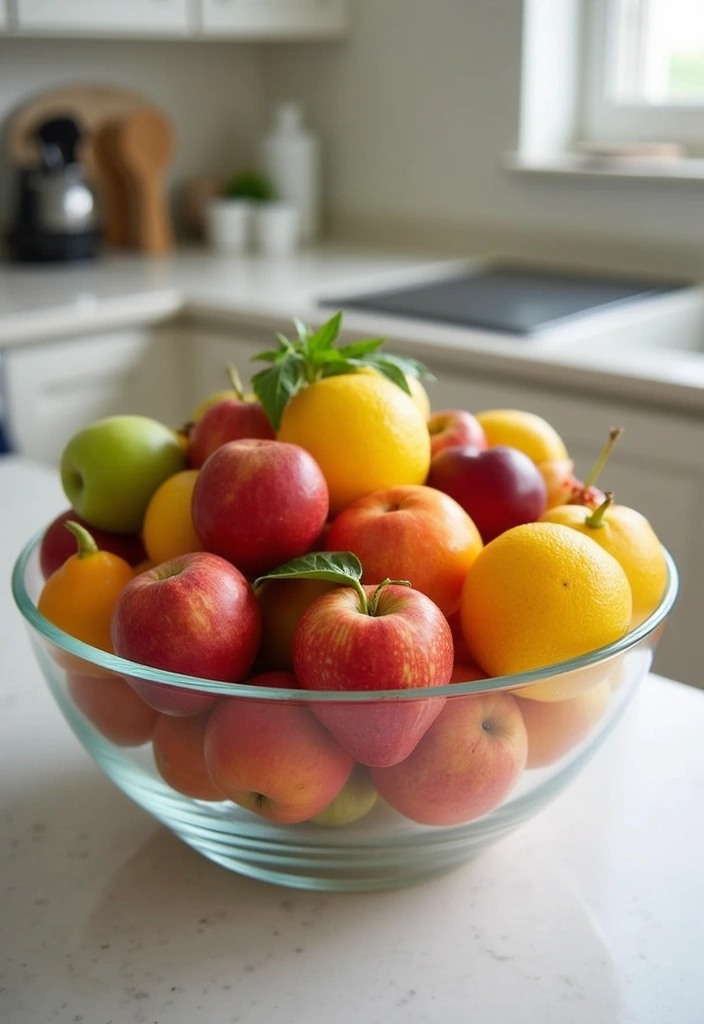 25 Large Glass Bowl Decor Ideas for Tabletop Elegance - 3. Stylish Fruit Bowl