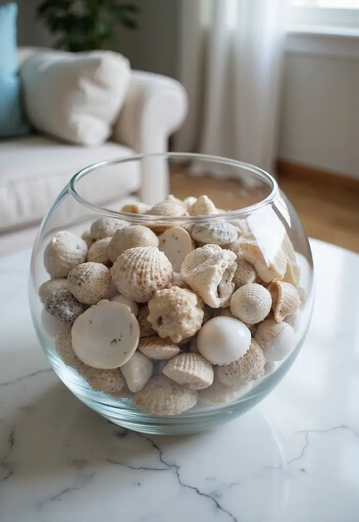 25 Large Glass Bowl Decor Ideas for Tabletop Elegance - 5. Elegant Shell Collection