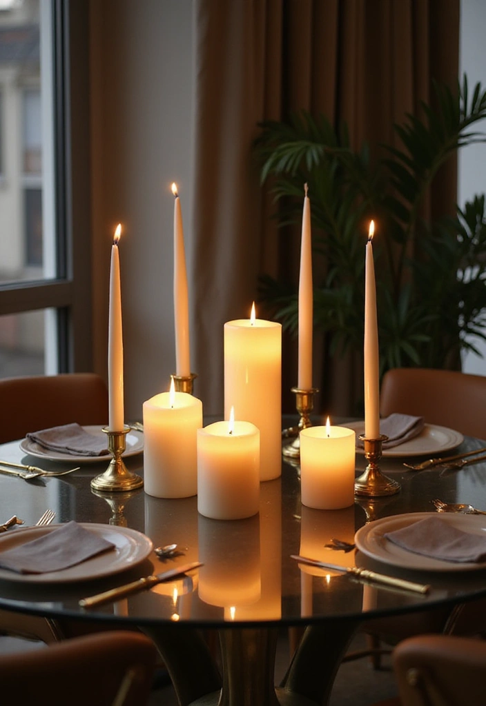 25 Round Glass Dining Table Decor Ideas That Feel Elegant and Airy 8 25 Round Glass Dining Table Decor Ideas That Feel Elegant and Airy - 2. Sleek Candle Displays