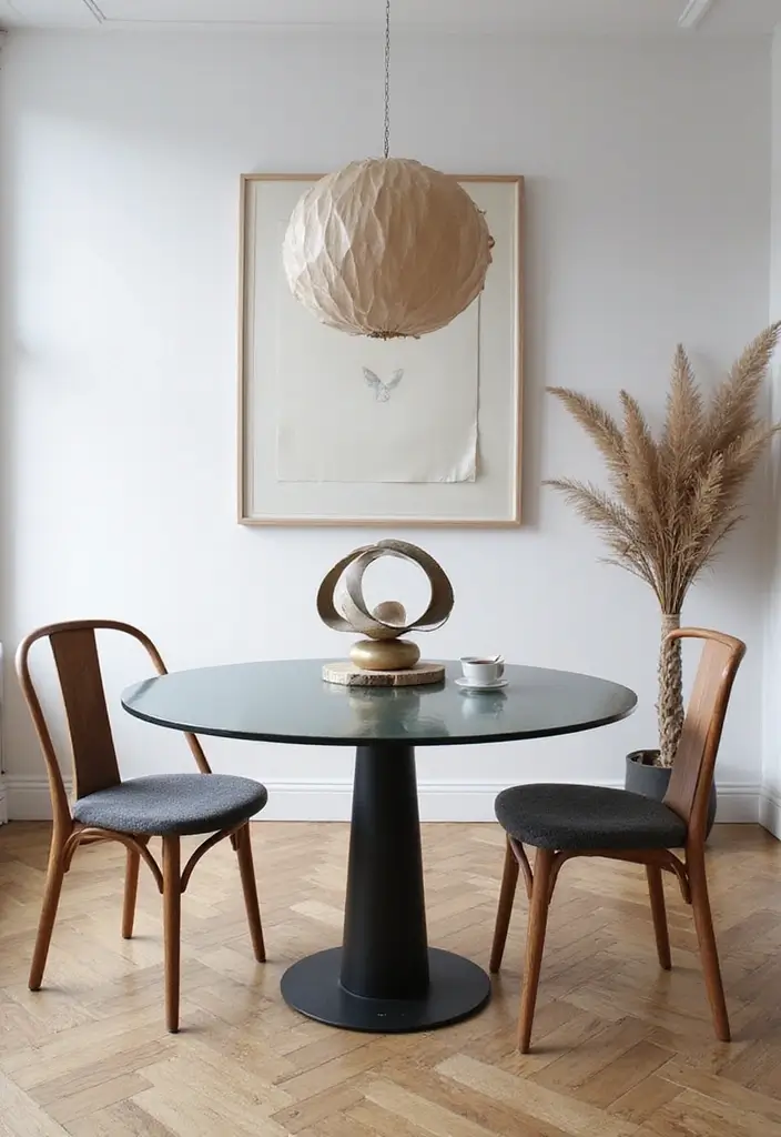 25 Round Glass Dining Table Decor Ideas That Feel Elegant and Airy 22 25 Round Glass Dining Table Decor Ideas That Feel Elegant and Airy - 4. Minimalist Artwork as Centerpieces