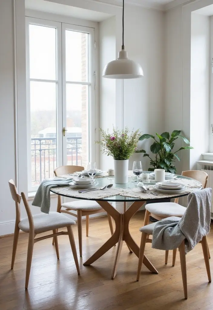 25 Round Glass Dining Table Decor Ideas That Feel Elegant and Airy 28 25 Round Glass Dining Table Decor Ideas That Feel Elegant and Airy - 8. Layered Textiles