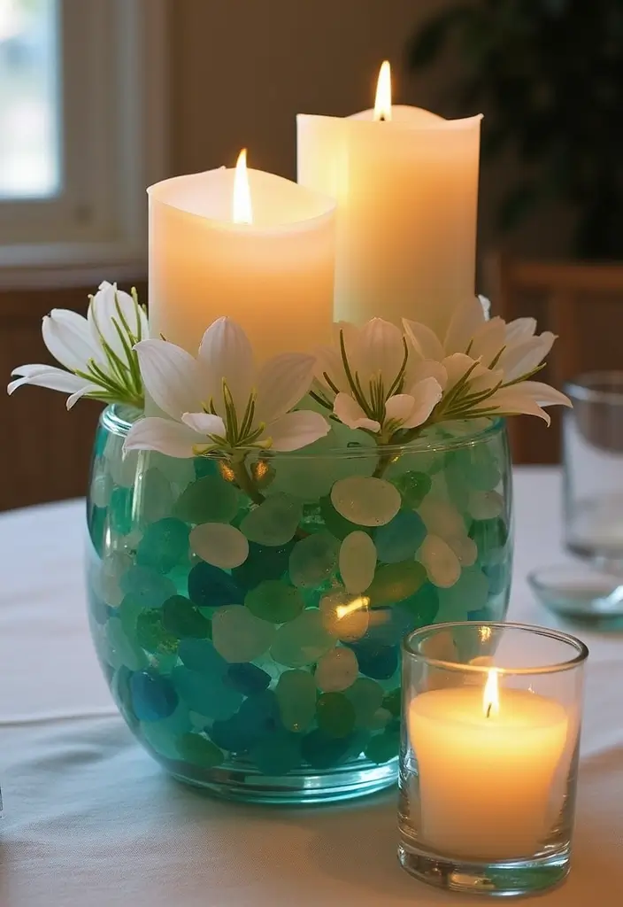 25 Sea Glass Wedding Table Decor Ideas for Coastal Celebrations - 1. Sea Glass Centerpiece