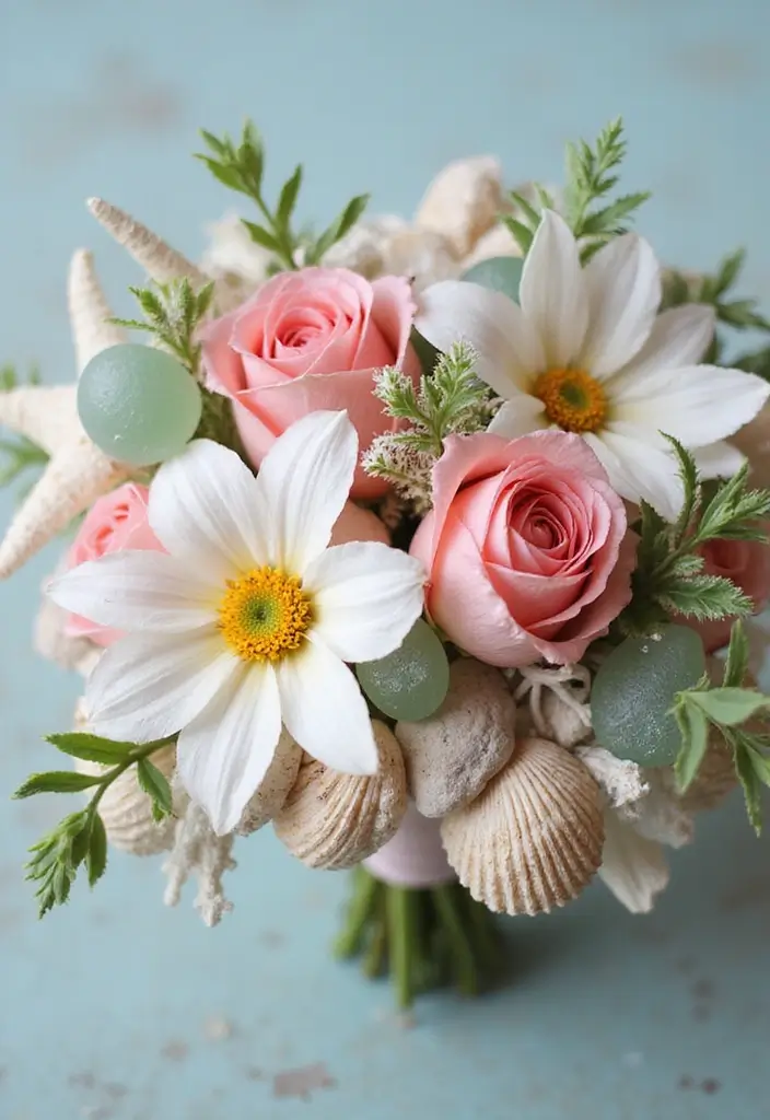 25 Sea Glass Wedding Table Decor Ideas for Coastal Celebrations - 12. Seashell and Sea Glass Bouquets