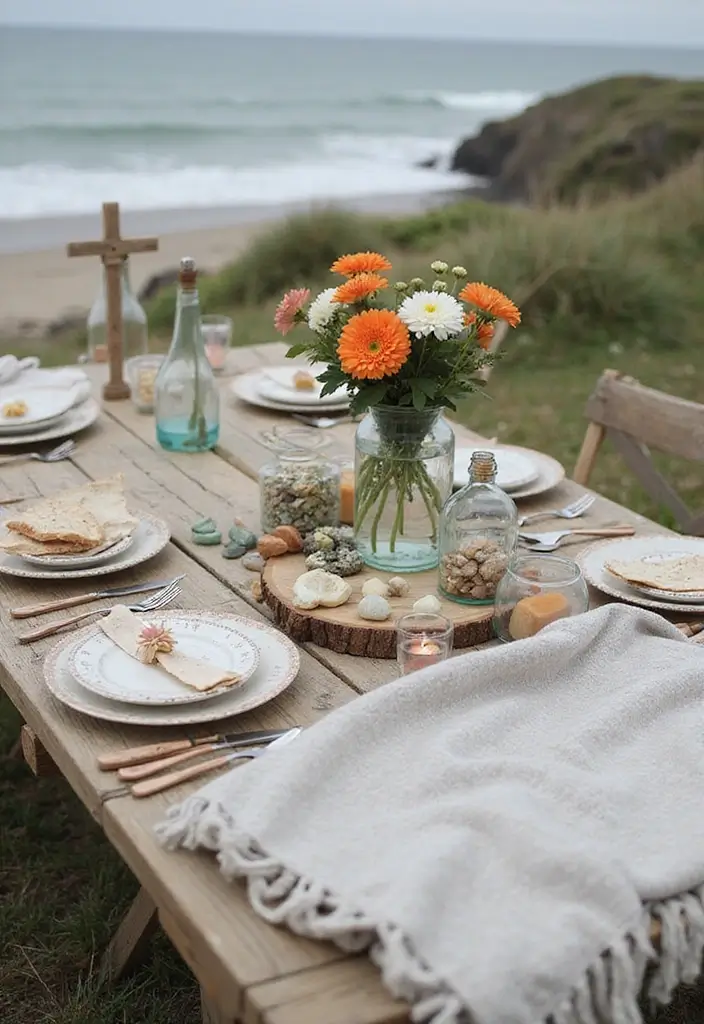 25 Sea Glass Wedding Table Decor Ideas for Coastal Celebrations - 15. Seaside Picnic Tables