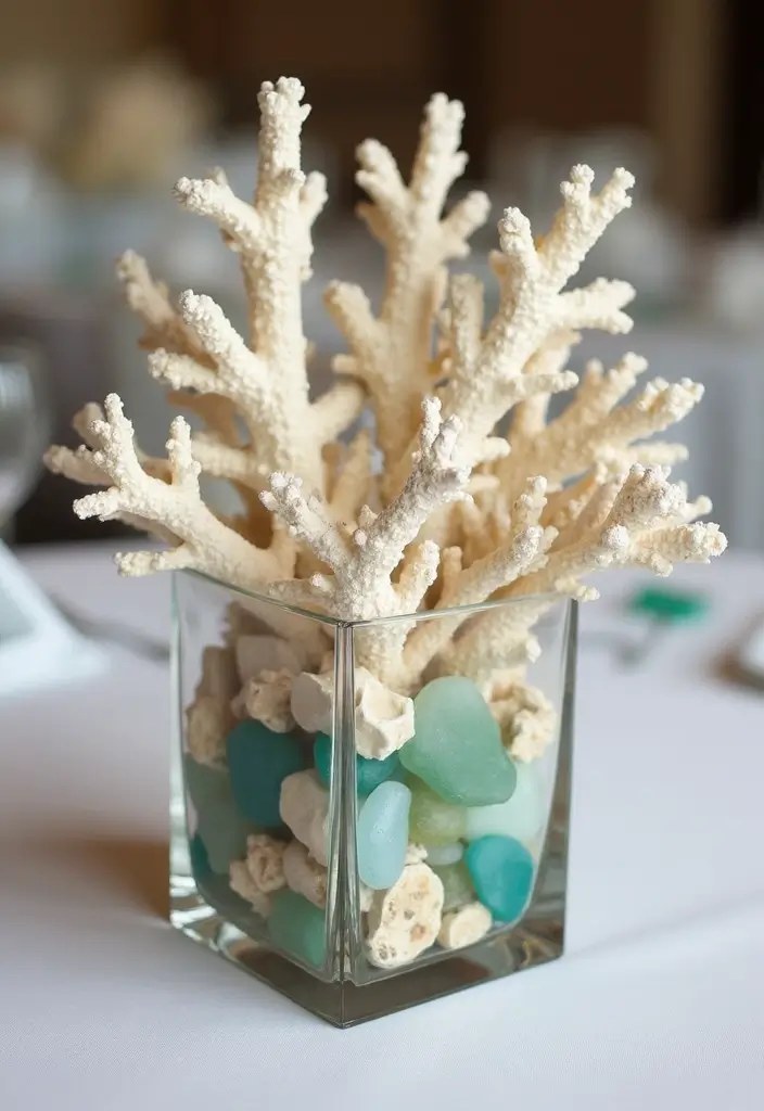 25 Sea Glass Wedding Table Decor Ideas for Coastal Celebrations - 18. Sea Glass And Coral Mix