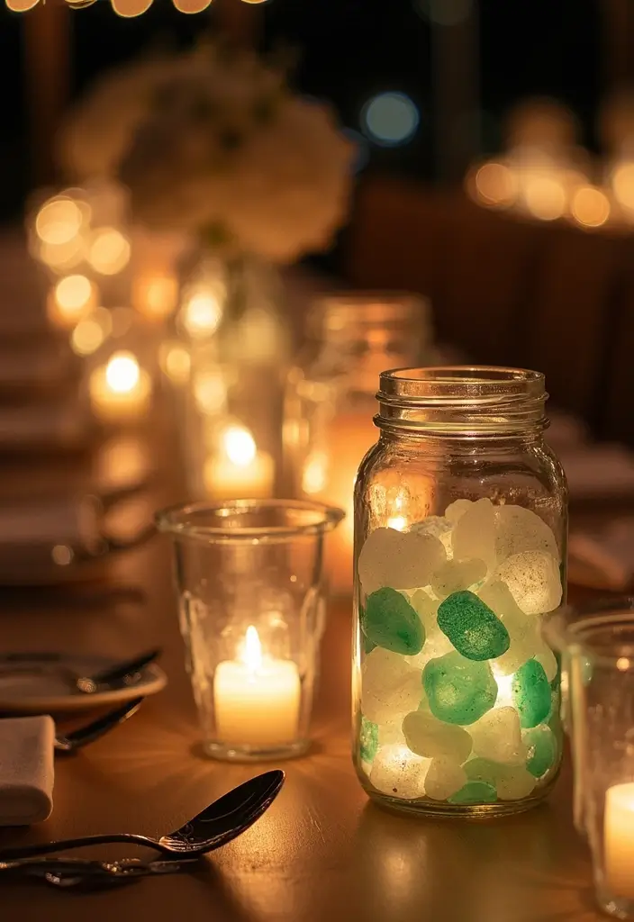 25 Sea Glass Wedding Table Decor Ideas for Coastal Celebrations - 20. Sea Glass and Lighted Jar Displays