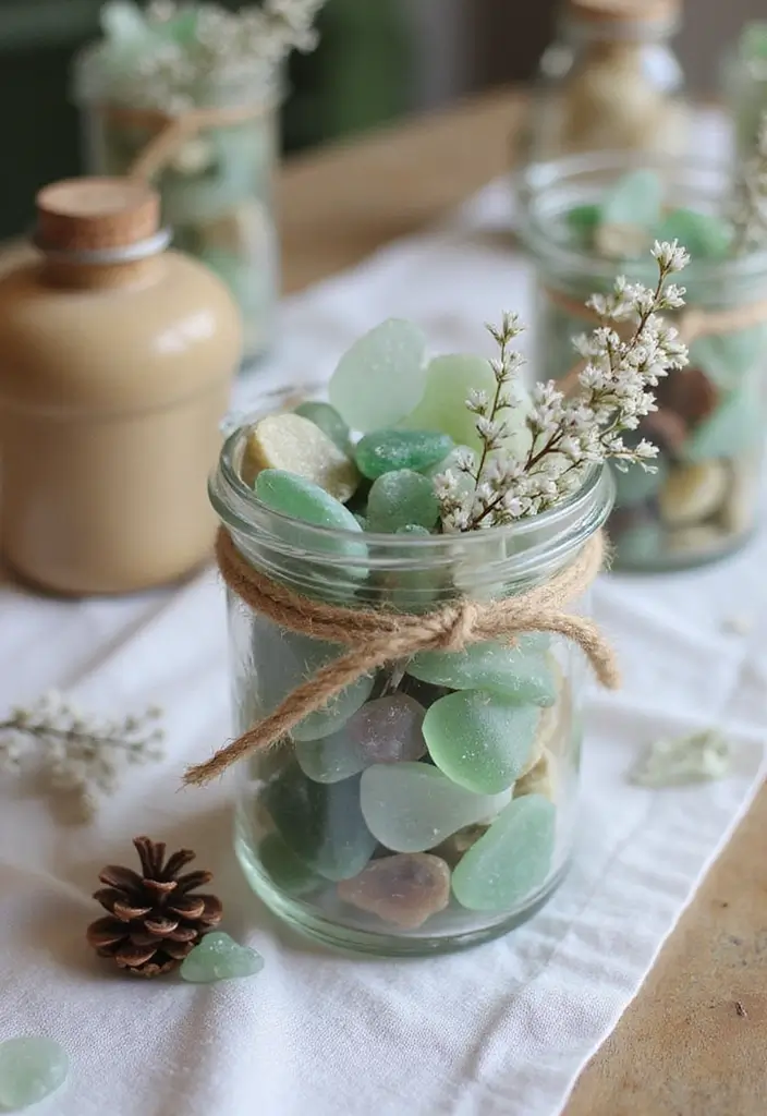 25 Sea Glass Wedding Table Decor Ideas for Coastal Celebrations - 21. Seasonal Sea Glass Displays