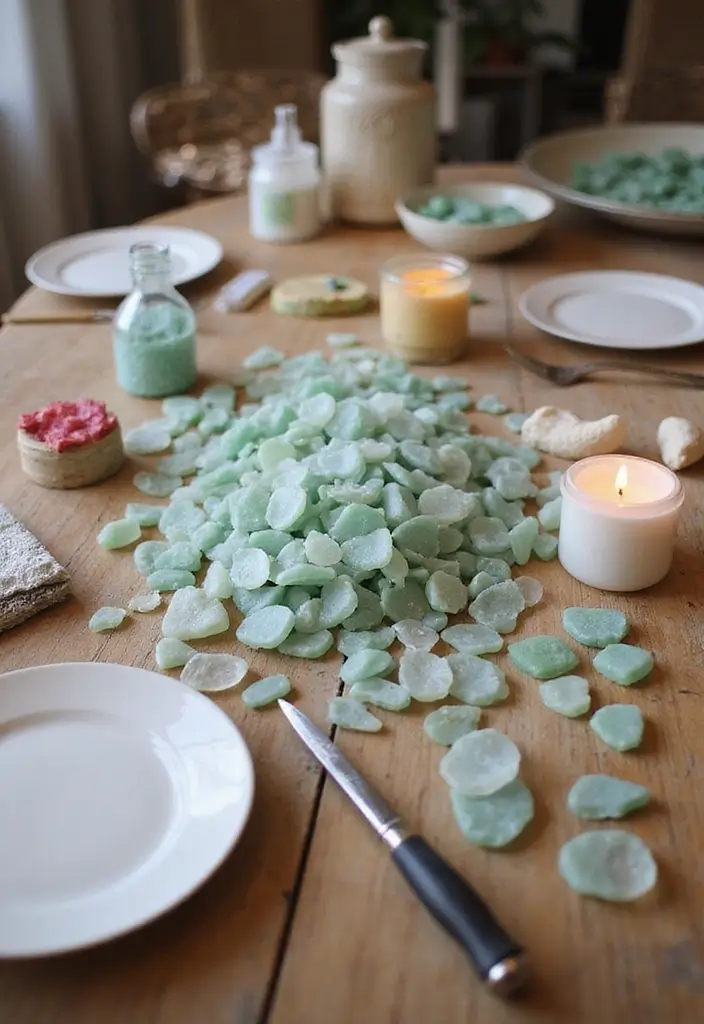 25 Sea Glass Wedding Table Decor Ideas for Coastal Celebrations - 23. DIY Sea Glass Table Decor