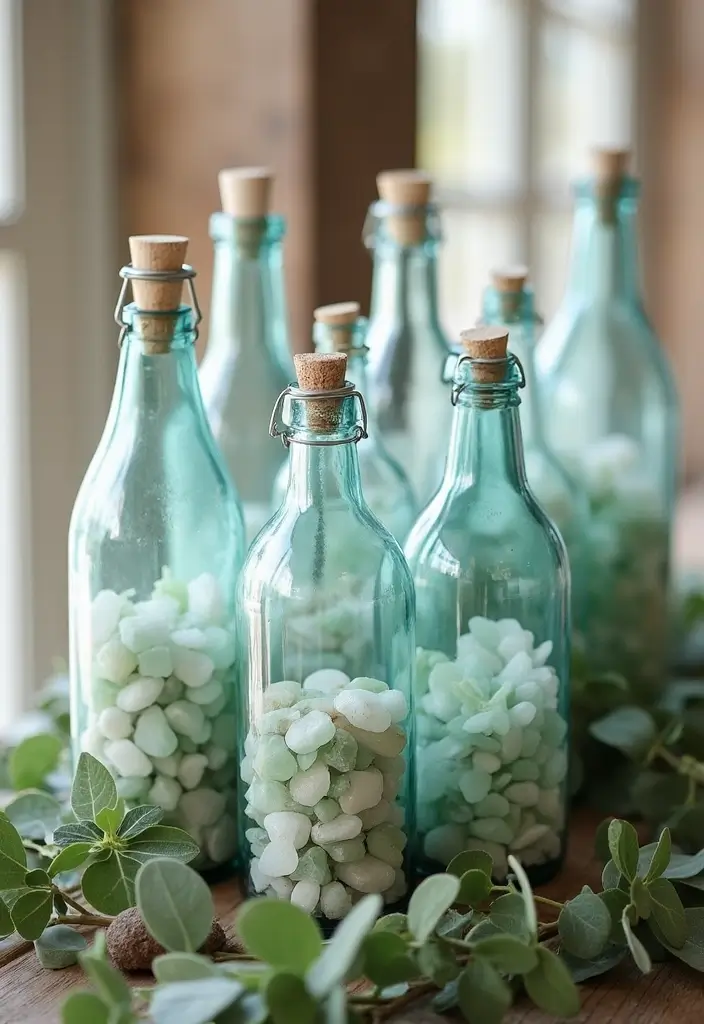 25 Sea Glass Wedding Table Decor Ideas for Coastal Celebrations - 3. Glass Bottle Vases