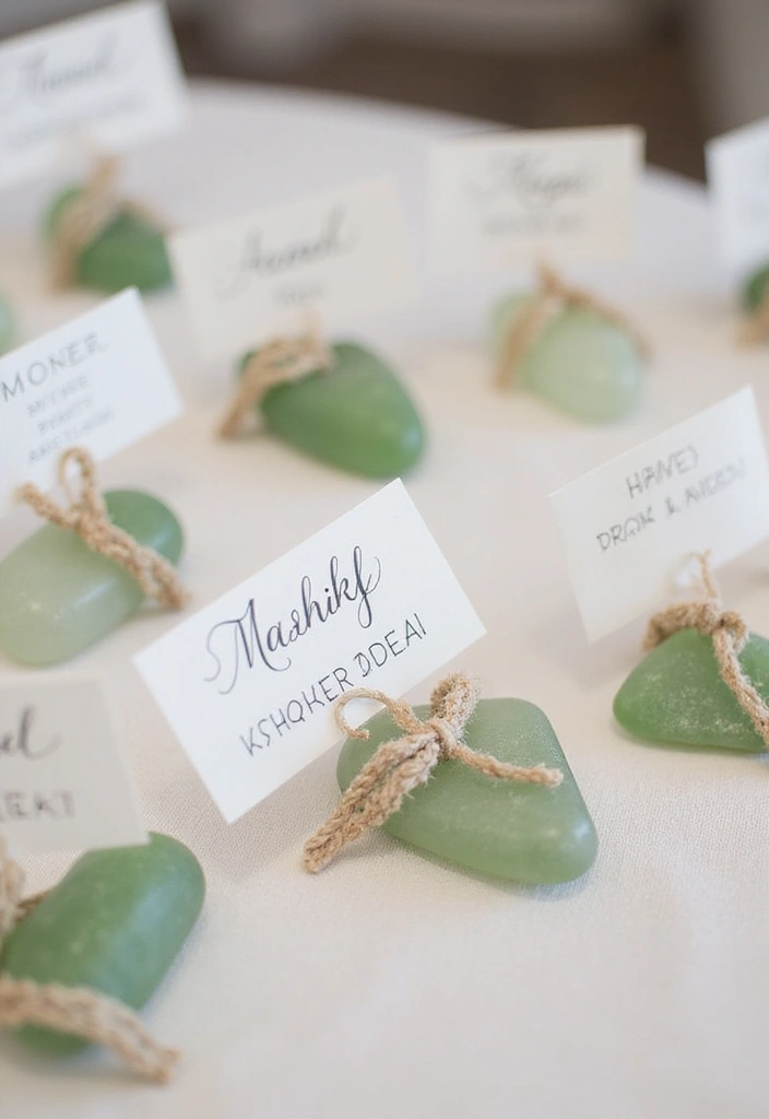 25 Sea Glass Wedding Table Decor Ideas for Coastal Celebrations - 4. Place Card Holders