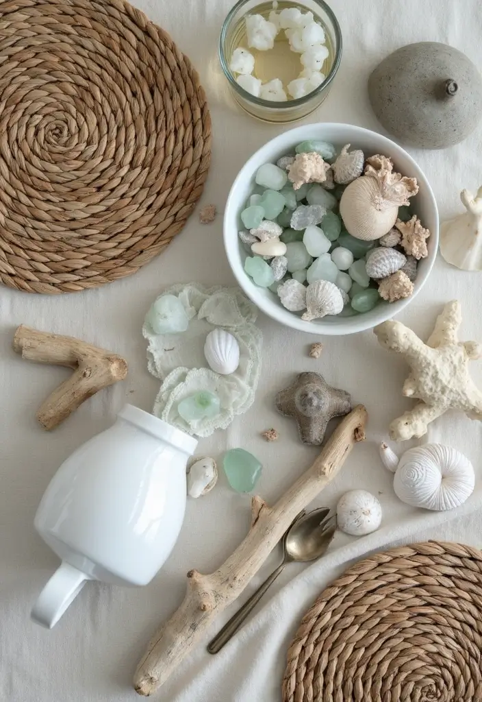 25 Sea Glass Wedding Table Decor Ideas for Coastal Celebrations - 5. Mixed Media Table Settings