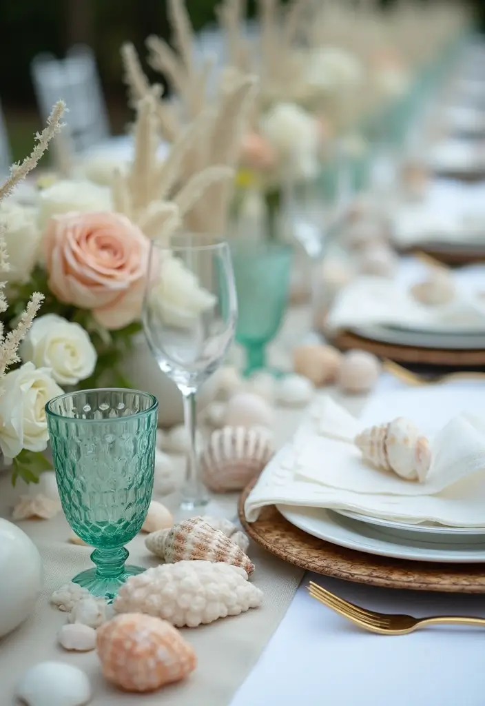25 Sea Glass Wedding Table Decor Ideas for Coastal Celebrations - 7. Shell Accents