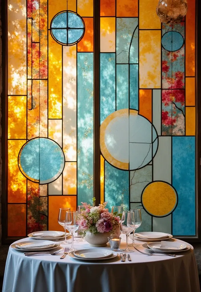 25 Stained Glass Wedding Table Decor Ideas for a Vintage Glow 29 25 Stained Glass Wedding Table Decor Ideas for a Vintage Glow - 11. Custom Stained Glass Geometry as Table Decor
