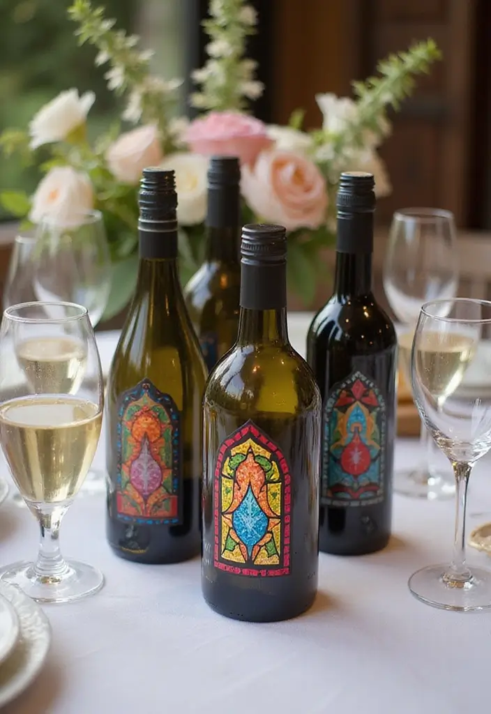 25 Stained Glass Wedding Table Decor Ideas for a Vintage Glow 60 25 Stained Glass Wedding Table Decor Ideas for a Vintage Glow - 20. Stained Glass Wine Bottle Labels