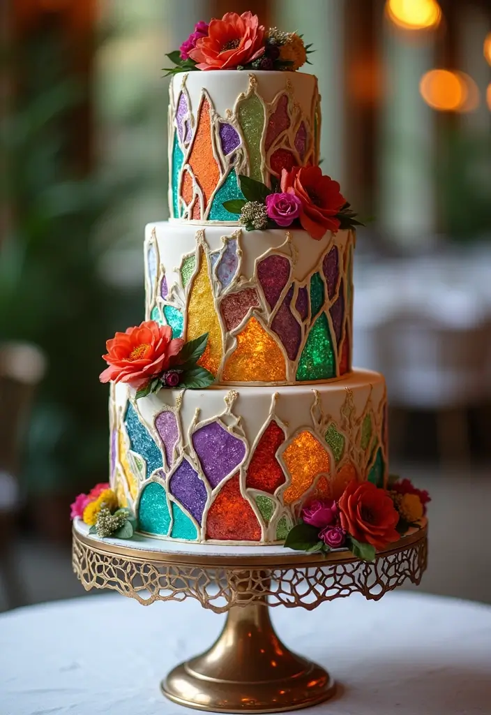 25 Stained Glass Wedding Table Decor Ideas for a Vintage Glow 67 25 Stained Glass Wedding Table Decor Ideas for a Vintage Glow - 25. Stained Glass Inspired Cake Decorations