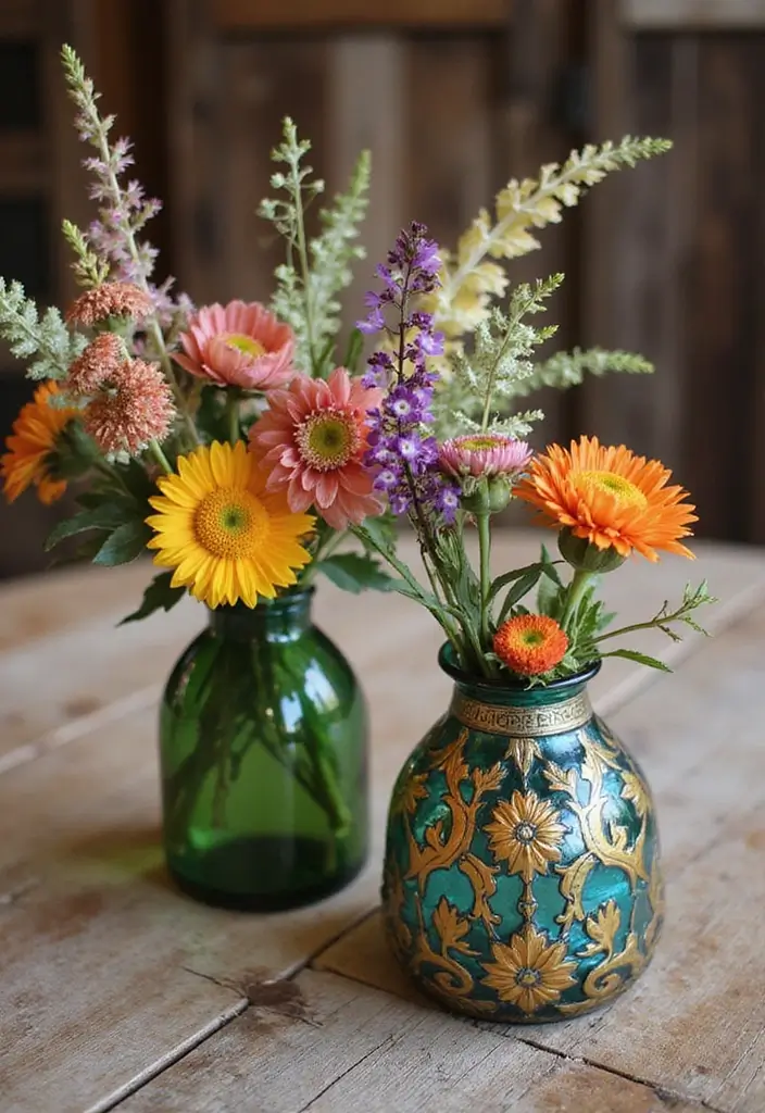 25 Stained Glass Wedding Table Decor Ideas for a Vintage Glow 9 25 Stained Glass Wedding Table Decor Ideas for a Vintage Glow - 3. Stained Glass Vases with Wildflowers