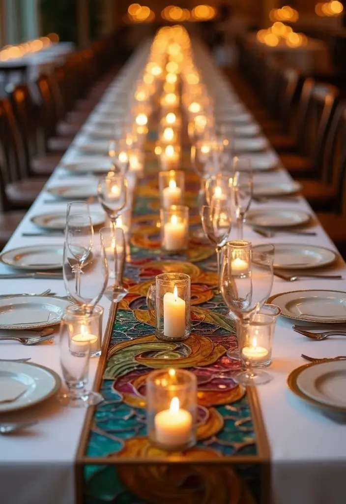 25 Stained Glass Wedding Table Decor Ideas for a Vintage Glow 14 25 Stained Glass Wedding Table Decor Ideas for a Vintage Glow - 4. Layered Stained Glass Table Runners
