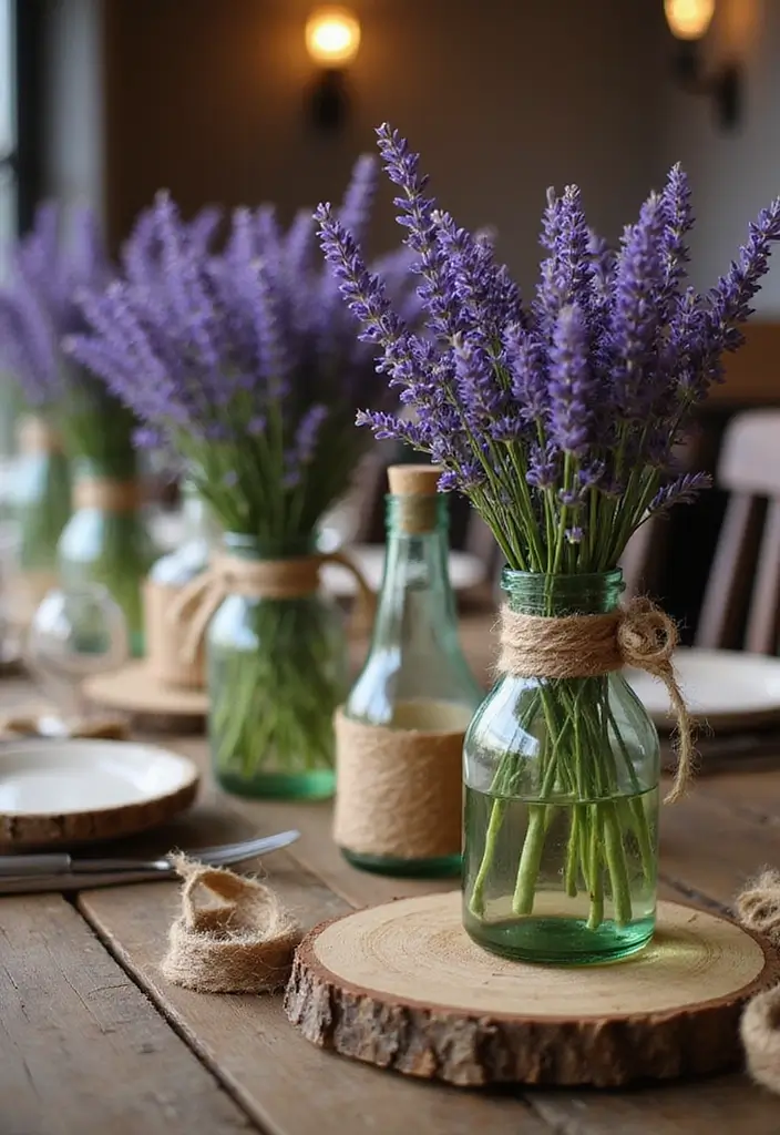 25 Wedding Table Decor Ideas Using Glass Bottles and Flowers 1 25 Wedding Table Decor Ideas Using Glass Bottles and Flowers - 1. Vintage Wine Bottles with Lavender