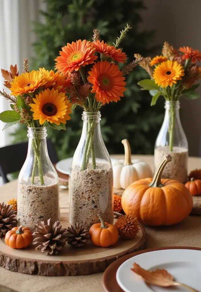 25 Wedding Table Decor Ideas Using Glass Bottles and Flowers 26 25 Wedding Table Decor Ideas Using Glass Bottles and Flowers - 10. Embellished Bottles with Seasonal Accents