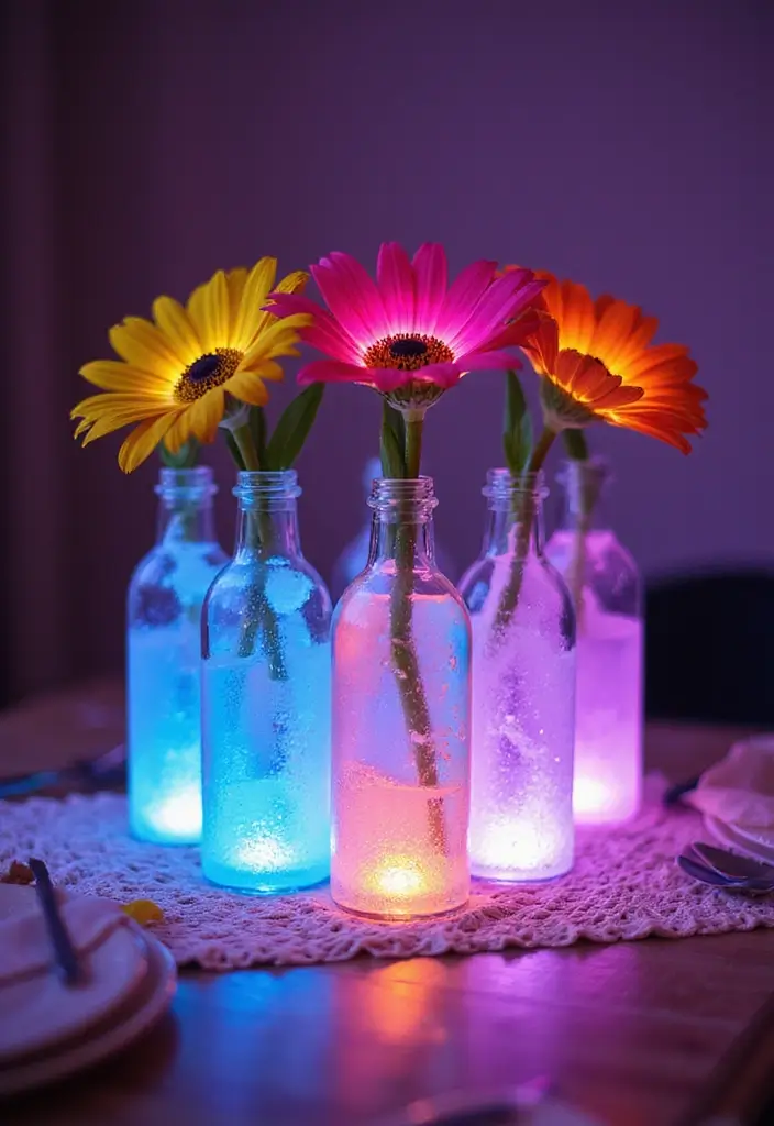 25 Wedding Table Decor Ideas Using Glass Bottles and Flowers 27 25 Wedding Table Decor Ideas Using Glass Bottles and Flowers - 11. Frosted Glass Bottles with Neon Flowers