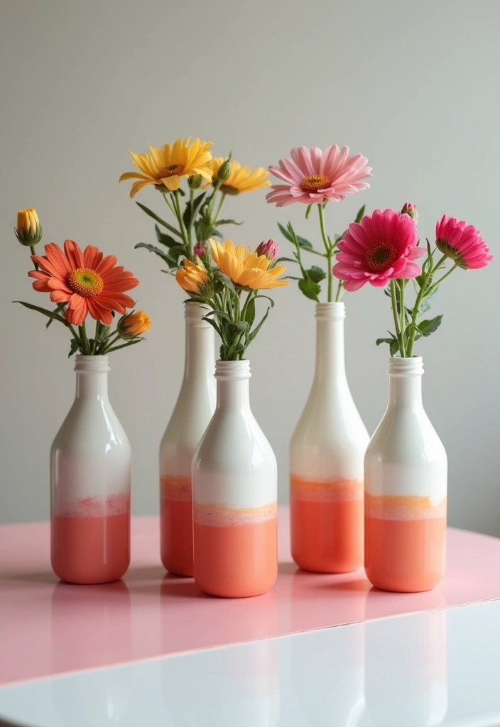 25 Wedding Table Decor Ideas Using Glass Bottles and Flowers 30 25 Wedding Table Decor Ideas Using Glass Bottles and Flowers - 12. Glass Bottles with Dipped Paint