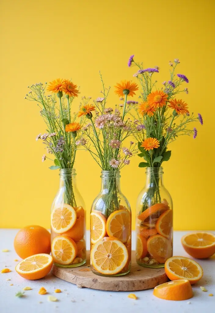 25 Wedding Table Decor Ideas Using Glass Bottles and Flowers 33 25 Wedding Table Decor Ideas Using Glass Bottles and Flowers - 13. Glass Bottles with Dried Citrus