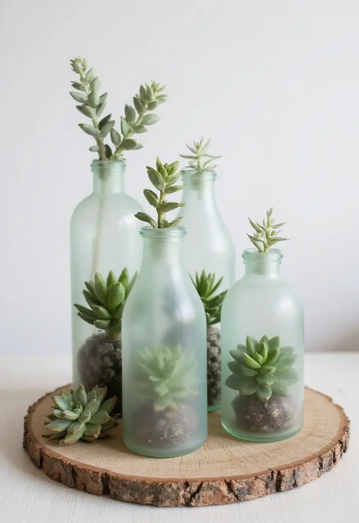 25 Wedding Table Decor Ideas Using Glass Bottles and Flowers 40 25 Wedding Table Decor Ideas Using Glass Bottles and Flowers - 14. Frosted Bottles with Succulents