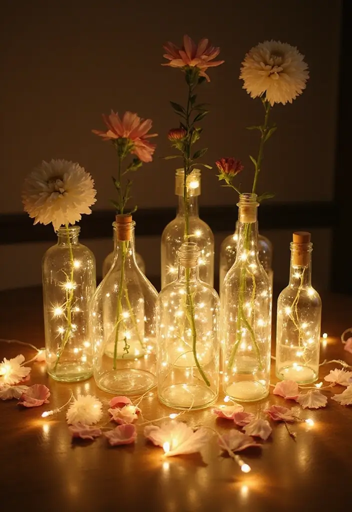 25 Wedding Table Decor Ideas Using Glass Bottles and Flowers 41 25 Wedding Table Decor Ideas Using Glass Bottles and Flowers - 15. Bottles with Fairy Lights and Flowers