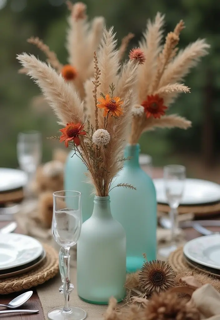 25 Wedding Table Decor Ideas Using Glass Bottles and Flowers 45 25 Wedding Table Decor Ideas Using Glass Bottles and Flowers - 17. Frosted Glass Bottles with Feathers