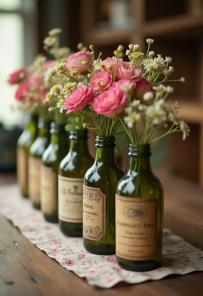 25 Wedding Table Decor Ideas Using Glass Bottles and Flowers 53 25 Wedding Table Decor Ideas Using Glass Bottles and Flowers - 19. Small Bottles with Vintage Labels