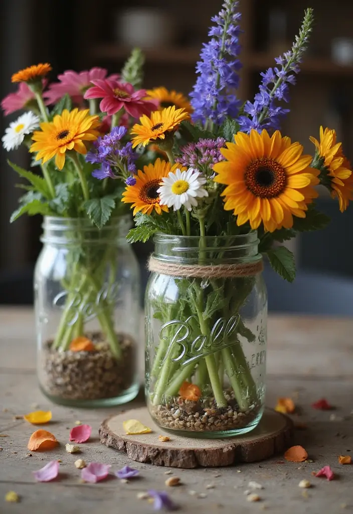 25 Wedding Table Decor Ideas Using Glass Bottles and Flowers 2 25 Wedding Table Decor Ideas Using Glass Bottles and Flowers - 2. Mason Jars with Wildflowers