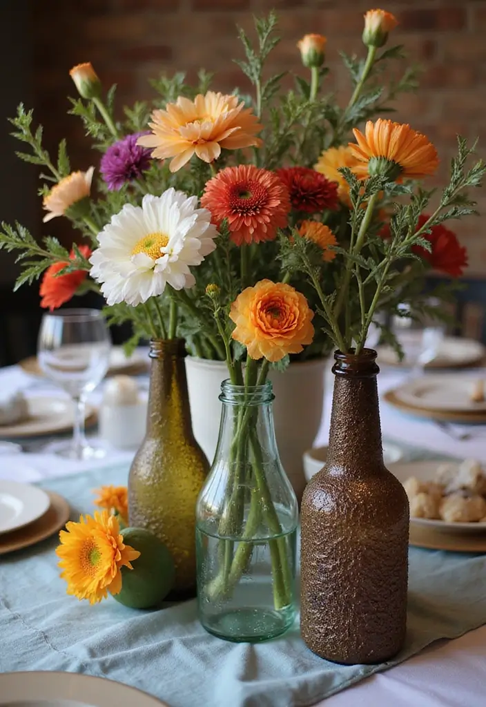25 Wedding Table Decor Ideas Using Glass Bottles and Flowers 60 25 Wedding Table Decor Ideas Using Glass Bottles and Flowers - 20. Textured Bottles with Unique Flowers