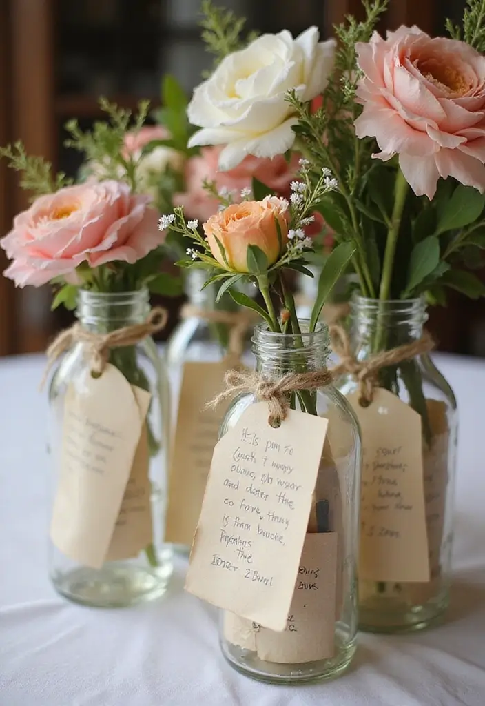 25 Wedding Table Decor Ideas Using Glass Bottles and Flowers 74 25 Wedding Table Decor Ideas Using Glass Bottles and Flowers - 22. Bottles with Handwritten Notes