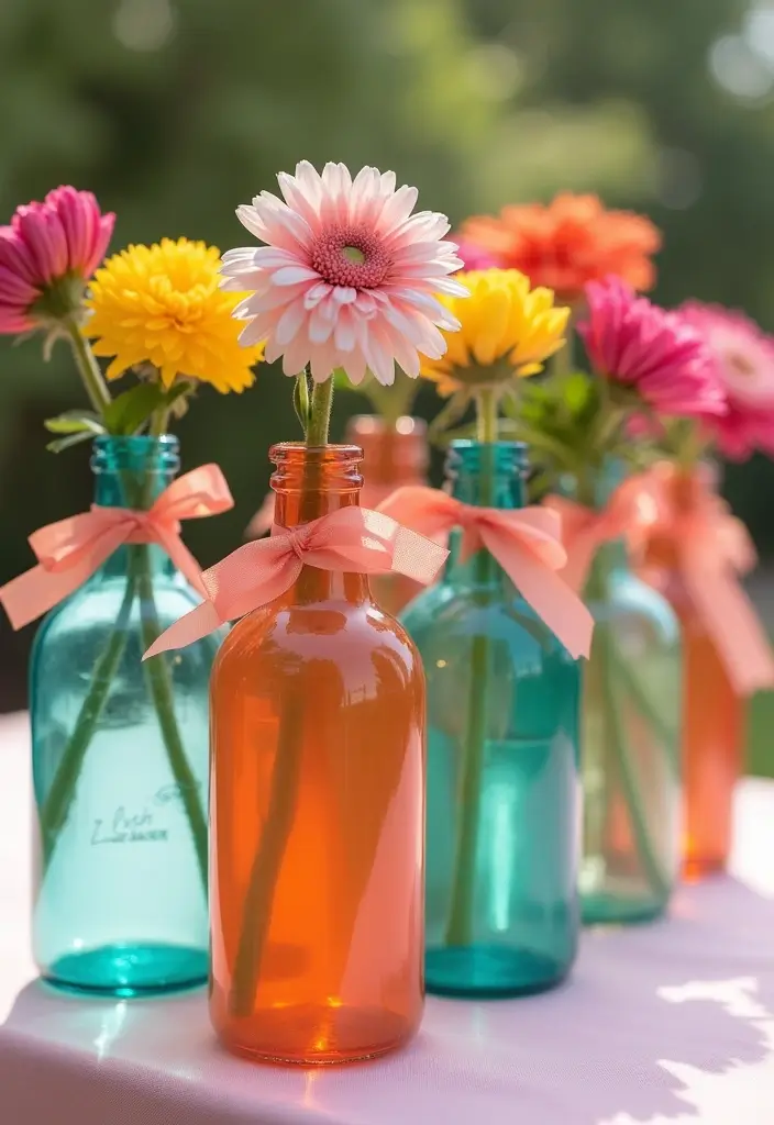 25 Wedding Table Decor Ideas Using Glass Bottles and Flowers 81 25 Wedding Table Decor Ideas Using Glass Bottles and Flowers - 23. Colored Glass Bottles with Ribbon