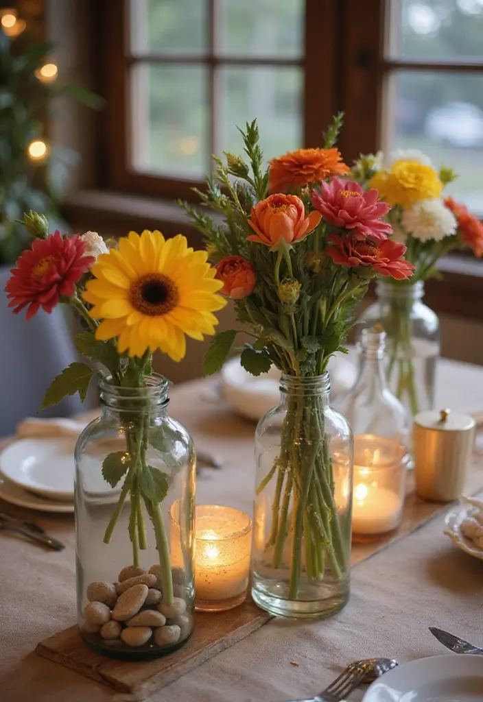 25 Wedding Table Decor Ideas Using Glass Bottles and Flowers 3 25 Wedding Table Decor Ideas Using Glass Bottles and Flowers - 3. Clear Glass Bottles with Seasonal Blooms