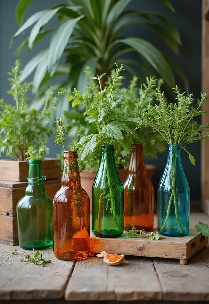 25 Wedding Table Decor Ideas Using Glass Bottles and Flowers 4 25 Wedding Table Decor Ideas Using Glass Bottles and Flowers - 4. Colored Glass Bottles with Greenery