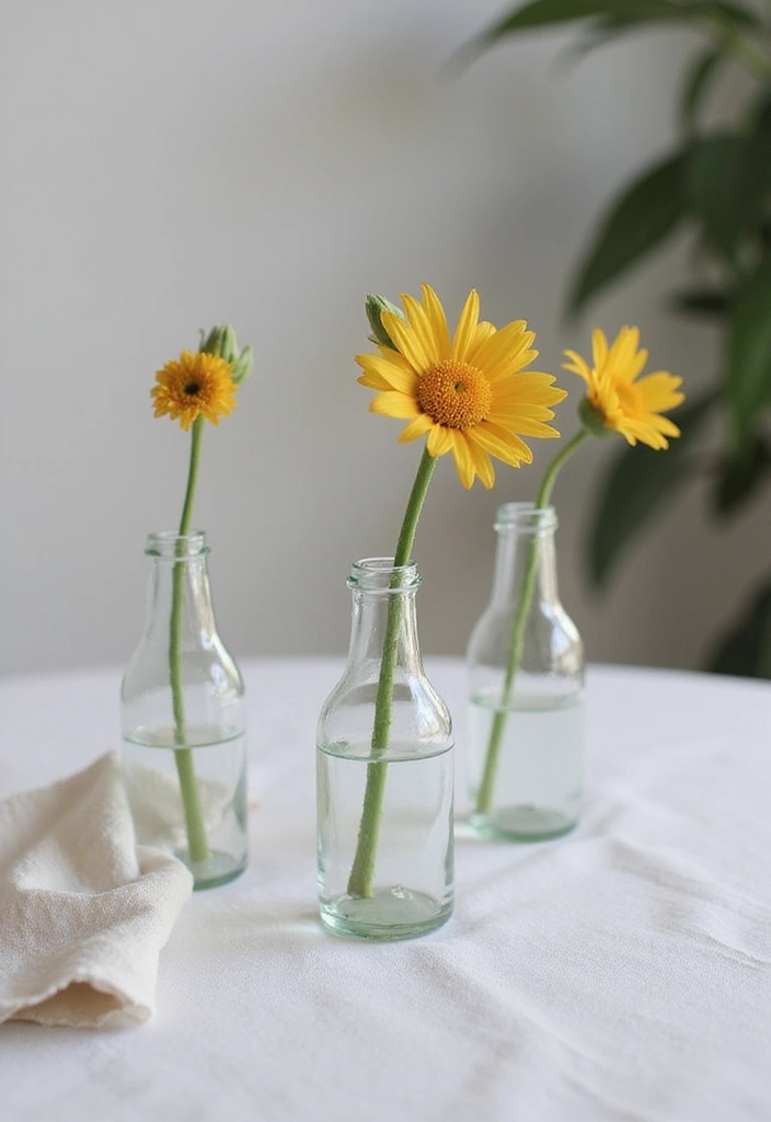 25 Wedding Table Decor Ideas Using Glass Bottles and Flowers 5 25 Wedding Table Decor Ideas Using Glass Bottles and Flowers - 5. Small Bottles with Single Stems