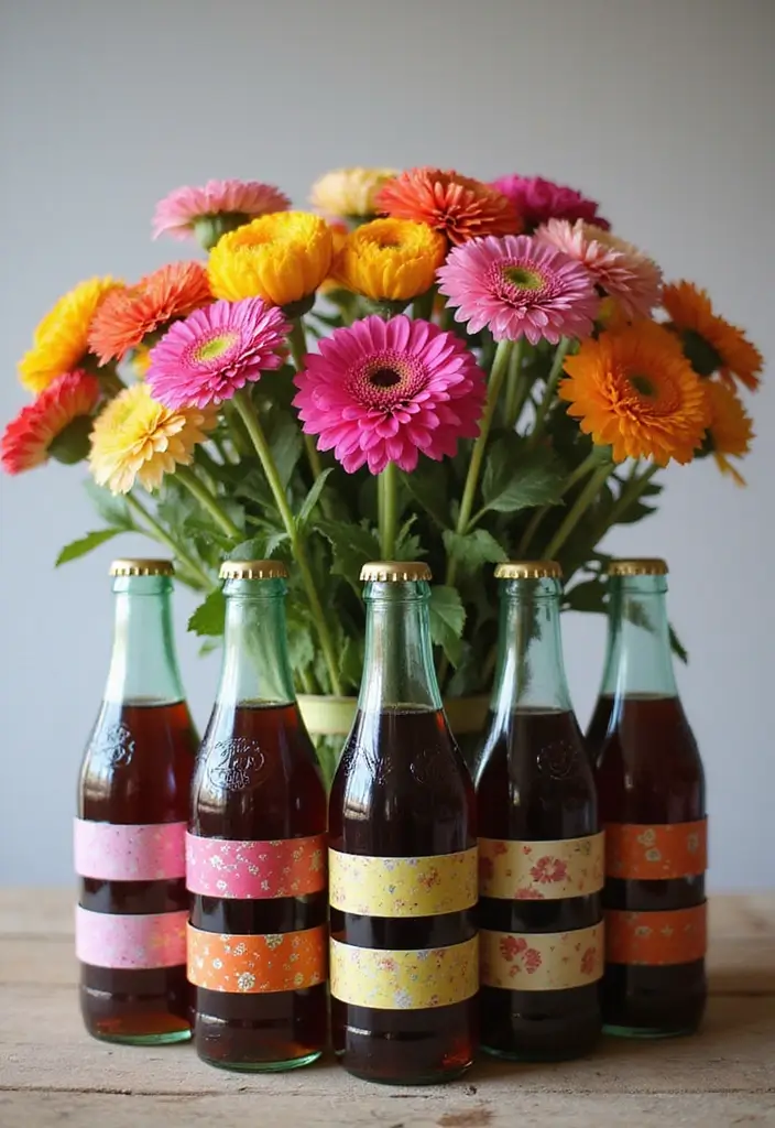 25 Wedding Table Decor Ideas Using Glass Bottles and Flowers 10 25 Wedding Table Decor Ideas Using Glass Bottles and Flowers - 6. Vintage Soda Bottles with Bright Blooms