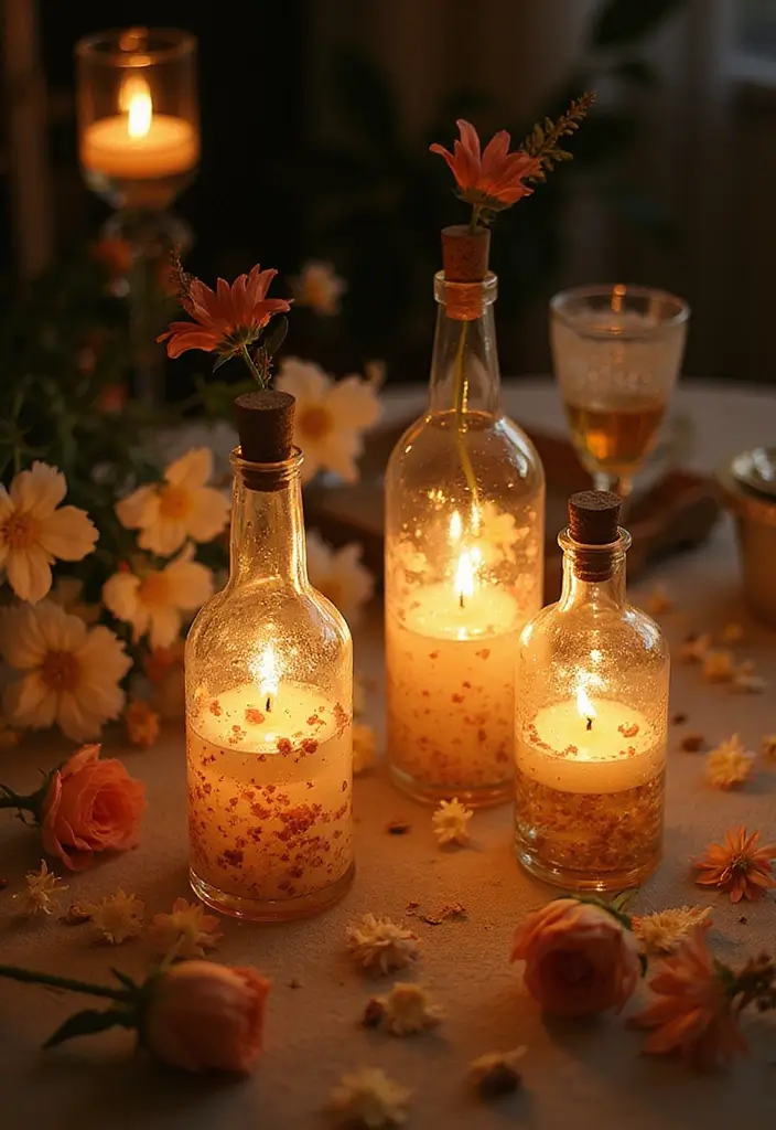 25 Wedding Table Decor Ideas Using Glass Bottles and Flowers 17 25 Wedding Table Decor Ideas Using Glass Bottles and Flowers - 7. Bottles with Candles and Flowers