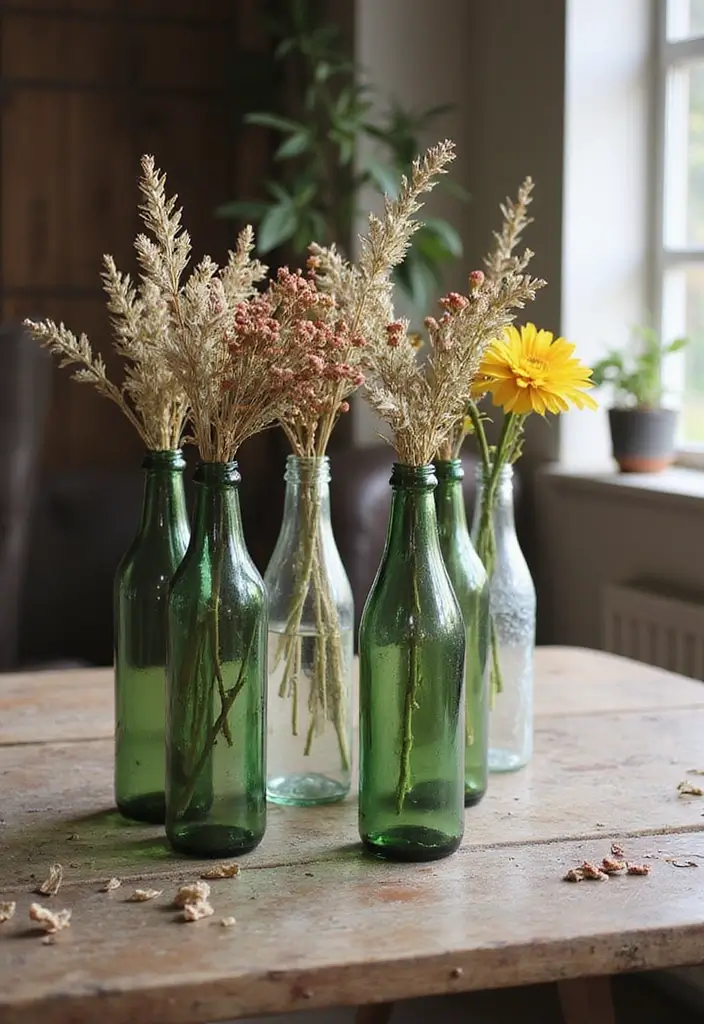 25 Wedding Table Decor Ideas Using Glass Bottles and Flowers 18 25 Wedding Table Decor Ideas Using Glass Bottles and Flowers - 8. Upcycled Glass Bottles with Dried Flowers