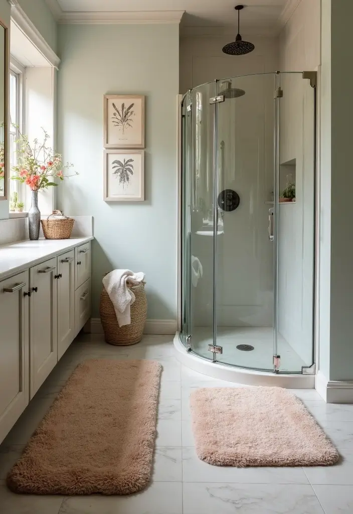 27 Bathroom Decor Ideas Featuring Glass Shower Doors for a Modern Touch - 14. Stylish Shower Mats