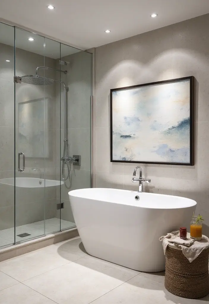 27 Bathroom Decor Ideas Featuring Glass Shower Doors for a Modern Touch - 20. Contemporary Artwork