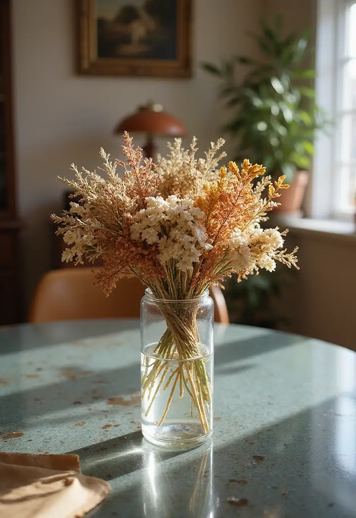 27 Dining Table Decor Ideas for Glass Tops and Open Spaces 32 27 Dining Table Decor Ideas for Glass Tops and Open Spaces - 12. Elegant Dried Flower Arrangements